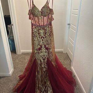 May Queen Burgundy and Gold Embellished Prom Dress
